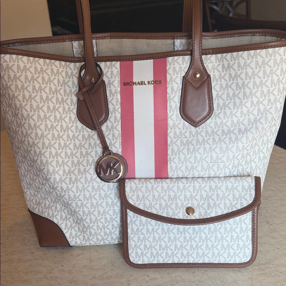 Michael Kors Cream Signature Tote with Pink & White Stripe
